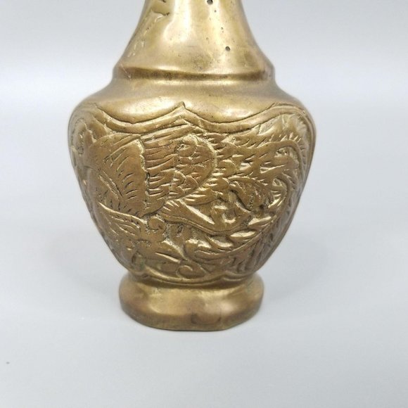 Brass Hand Hammered Vase Dragon Bamboo Vintage Asian Lotus Flower 6.75" Tall - Picture 3 of 11